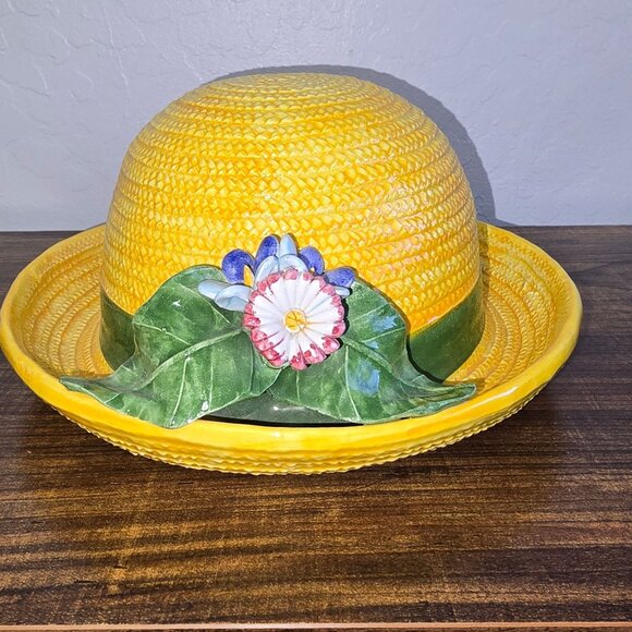 Other - Vintage Ceramic Hat Shaped Wall or Table Yellow With Flowers Made In Italy